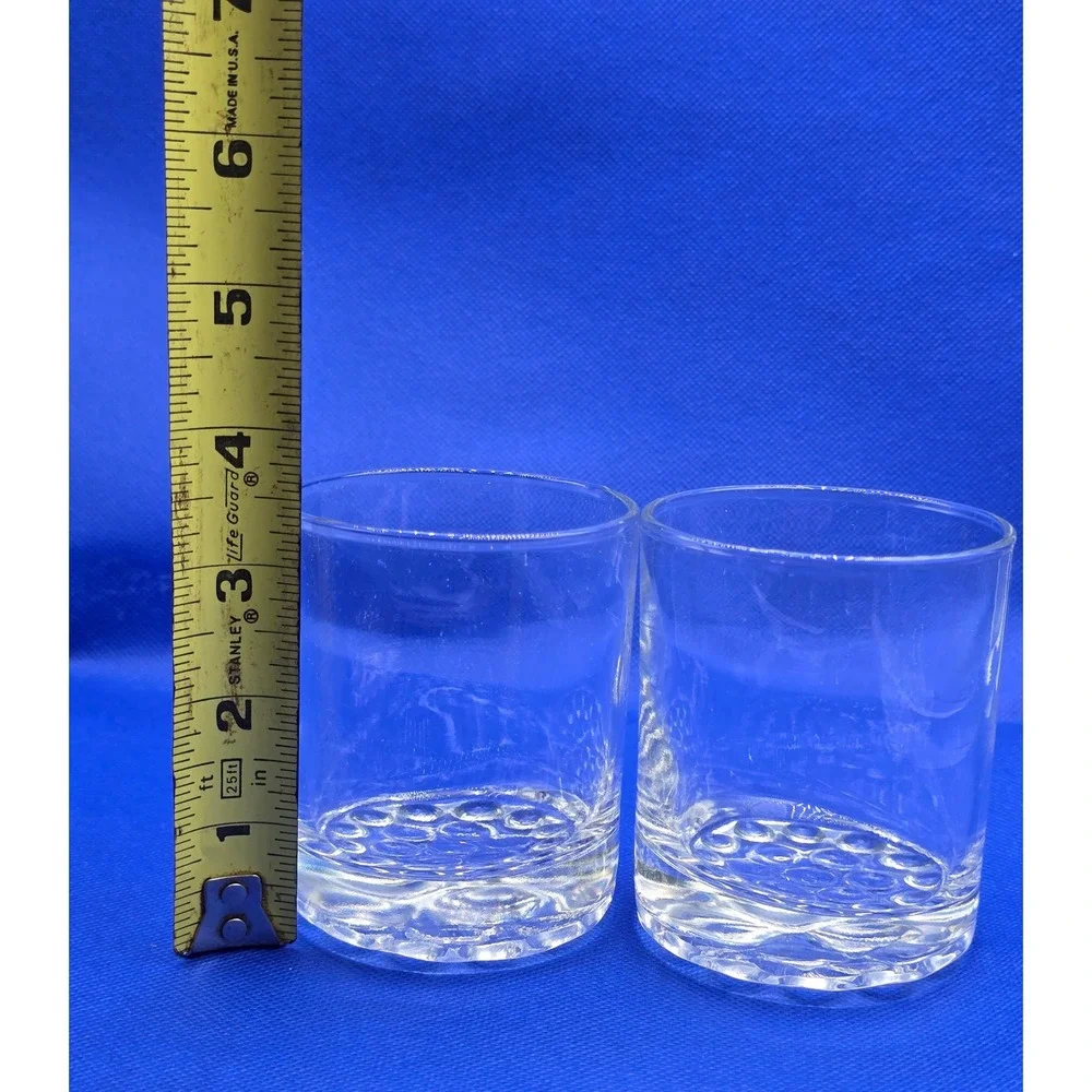 Vintage Set of 2 Clear Glass Rocks Lowball Whiskey Glasses Bubble Base 3.5in